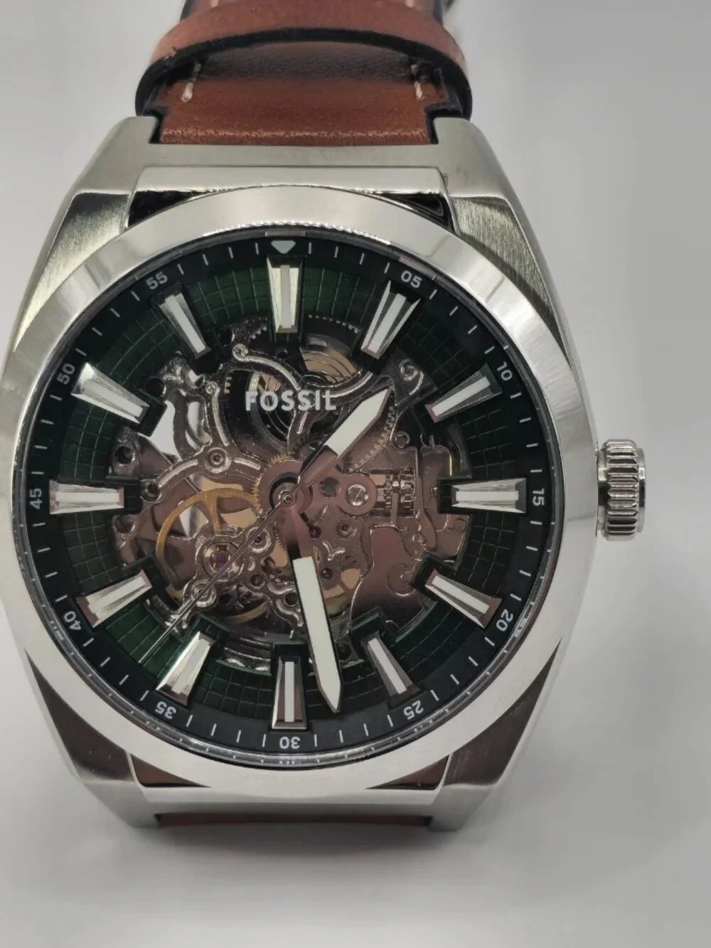 Fossil Everett Men's Automatic Green Skeleton Dial Brown Leather Watch ME3261